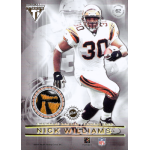 nick williams 2001 private stock titanium dual game worn patches Football trading card featuring player in Cincinnati Bengals uniform running with a ball, numbered 62, 2001 edition.