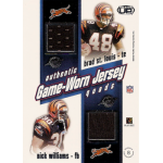 nick williams 2002 heads up game worn jersey quads brad st louis Football card featuring authentic game-worn jerseys of two players in team uniforms.