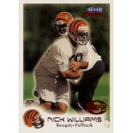 nick williams 1999 fleer focus rc Football player in Bengals gear practicing on the field, labeled as a Rookie on a trading card.