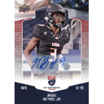nigel bethel jr 2018 upper deck usa autograph USA U-19 football player in action, wearing a black jersey and helmet, with an autograph on the card.
