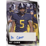 ny carr 2024 leaf draft autograph Football player in navy and yellow uniform, signed sports card, with number 5 visible, Leaf branding at top.