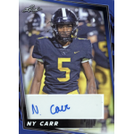 ny carr 2024 leaf draft blue autograph Football player in navy and yellow uniform number 5 on a trading card with signature displayed.