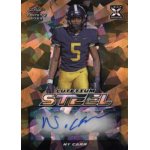ny carr 2023 leaf trinity lutetium steel gold autograph Football player card featuring Lutetium Steel, with autograph, wearing number 5, Leaf Trinity 2023 Rookie.