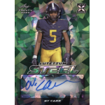 ny carr 2023 leaf trinity lutetium steel green autograph A signed sports trading card featuring a football player wearing a number 5 jersey, titled Lutetium Steel Leaf Rookie.