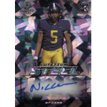ny carr 2023 leaf trinity lutetium steel silver autograph Football trading card featuring a player in a navy and yellow uniform, signed below in a metallic design.