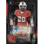 oj frederique 2025 bowman chrome university autograph Football trading card featuring a Miami player in a red jersey, number 29, with an autograph in blue ink.