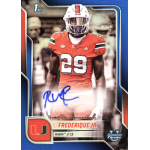 oj frederique 2025 bowman chrome university blue refractor autograph Football player in orange jersey with number 29 on a trading card, featuring Miami team logo and autograph.