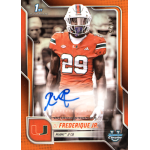 oj frederique 2025 bowman chrome university orange refractor autograph Football player in orange jersey on trading card with autograph. University of Miami branding.