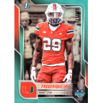 oj frederique 2025 bowman chrome university aqua refractor Football player in red uniform with helmet, posing confidently on a sports card.