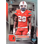 oj frederique 2025 bowman chrome university refractor Football player in University of Miami uniform on a trading card, number 29, with helmet and gloves.