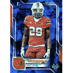 oj frederique 2025 bowman chrome university sapphire Football player in red uniform, University of Miami, #29, football card design, blue background.