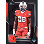 oj frederique 2025 bowman chrome university Football player in red Miami jersey on trading card with logos and text details.