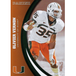 olivier vernon 2015 panini university of miami 051 Football player in white and orange uniform, mid-action, with card text Olivier Vernon, University of Miami.