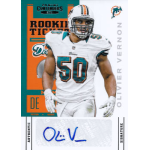 olivier vernon 2012 panini contenders rookie ticket photo variation sp Football trading card featuring a player in a white No. 50 Dolphins jersey.