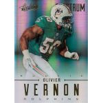 olivier vernon 2012 absolute gold spectrum rc Rookie football card featuring a player in a Miami Dolphins uniform, number 50, with Absolute Football 2012 branding.