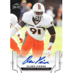 olsen pierre 2015 leaf draft autograph Football player in a white jersey and helmet, card labeled Draft, with signature, on a sunny field.