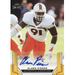 olsen pierre 2015 leaf draft gold autograph Football player in a white uniform, number 91, on a collectible card with a signature.