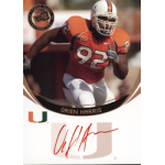 orien harris 2006 press pass bronze autograph red ink Football player in orange jersey number 92 on a trading card, featuring University of Miami logo and signature.
