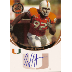 orien harris 2006 press pass bronze autograph Football player wearing an orange jersey with number 92, running on a card with signature and team logo.