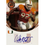 orien harris 2006 press pass bronze inscription o harris Football player in orange jersey #92, running on field, with a signed card below.
