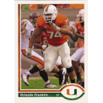 orlando franklin 2011 upper deck 20th anniversary rc Football player in action wearing number 74 orange jersey, forming a line against opponents on the field.