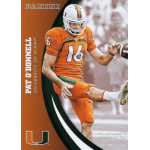 pat odonnell 2015 panini university of miami 053 Football player in orange uniform punting ball, University of Miami card, featuring jersey number 16.