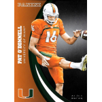 pat odonnell 2015 panini university of miami 053 black Miami football player in orange uniform kicking a football, featured on Panini trading card with University of Miami branding.