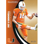 pat odonnell 2015 panini university of miami 053 gold Football player in orange jersey kicking ball on a Panini card from University of Miami collection.