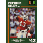 patrick riley 1994 bumble bee miami hurricanes rc Football player in orange jersey (#43) on a vintage card, labeled Patrick Riley, raising hand in a game setting.