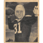 perry moss 1948 bowman rc Vintage football player in uniform with leather helmet poised to throw ball against a cloudy sky backdrop.