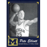 pete elliott 2004 tk legacy michigan wolverines multi sport bb8 Basketball player in Michigan jersey holding a basketball, labeled Pete Elliott, 1945-1948, in a vintage sports card.