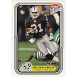 phillip buchanon 2004 fleer platinum 132 Football trading card featuring player in black uniform running on field. Fleer Platinum branding on card.