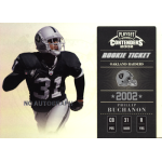 phillip buchanon 2002 playoff contenders rookie ticket autograph 2002 Playoff Contenders Rookie Ticket card featuring Oakland Raiders player in action.