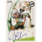 phillip buchanon 2002 press pass je silver autograph Autographed football trading card featuring player running with the ball, wearing a white and green uniform.
