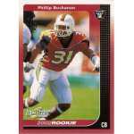 phillip buchanon 2002 score rc Football trading card of a CB in orange uniform, running on field, 2002 rookie edition with team logo and name badge.