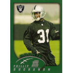phillip buchanon 2002 topps rc Rookie football player in green uniform on Topps card, marked with 2002 Rookie Card label and team logo.
