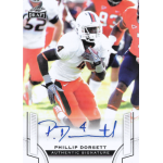 phillip dorsett 2015 leaf draft retail autograph ssp Football player running with ball, wearing white and orange uniform, in action-packed game moment. Authentic signature card.