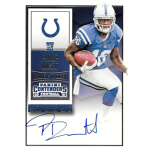 phillip dorsett 2015 panini contenders rookie ticket photo variation Rookie football trading card featuring player in blue uniform with signature, showcasing Indianapolis Colts logo and Panini branding.
