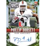 phillip dorsett 2015 panini prizm collegiate draft picks camo autograph Miami Hurricanes football player card featuring a player in action with signature, helmet, and team logo prominently displayed.