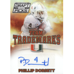 phillip dorsett 2015 panini prizm draft picks team trademarks autograph Football trading card featuring a player in a white uniform, with autograph and Team Trademarks text.