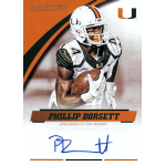 phillip dorsett 2015 panini university of miami autograph Football trading card featuring a player in Miami uniform, holding a ball, with a signature and team logos displayed.