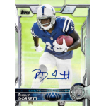 phillip dorsett 2015 topps photo variation auto Football card featuring a player running with a football, wearing a blue and white uniform, with an autograph.