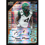 phillip dorsett 2015 upper deck inscriptions black Autographed Upper Deck football card featuring player in University of Miami uniform.