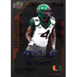 phillip dorsett 2015 upper deck inscriptions go canes Football player in green helmet and jersey, Upper Deck card, signed P.D. 4 with Go Canes message.