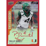 phillip dorsett 2015 upper deck inscriptions red Football player in green uniform on Upper Deck card, #4 Phillip Dorsett, The U autograph, Miami WR, Inscriptions series.