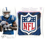 phillip dorsett 2015 national treasures tremendous treasures nfl logo NFL trading card featuring football player in blue and white uniform, showcasing a prominent NFL logo and team name.