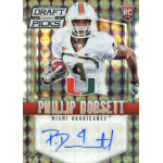 phillip dorsett 2015 panini prizm collegiate draft picks black finite autograph Miami Hurricanes football player card featuring draft pick in uniform, holding a football. Autographed by player on card.