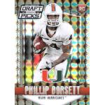 phillip dorsett 2015 panini prizm collegiate draft picks black finite rc Football trading card featuring Miami Hurricanes player in action pose, wearing white uniform with 'U' logo.