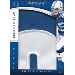 phillip dorsett 2015 panini immaculate immaculate logos NFL player card featuring a blue and white embroidered logo, Panini Immaculate Collection.