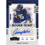 quincy roche 2021 panini contenders rookie ticket autograph photo variation sp Football card featuring player in blue jersey, number 95, with Rookie Ticket and signature at the bottom.